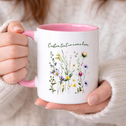 Personalized Floral Mug, Pink Handle Coffee Cup, Custom Name Gift