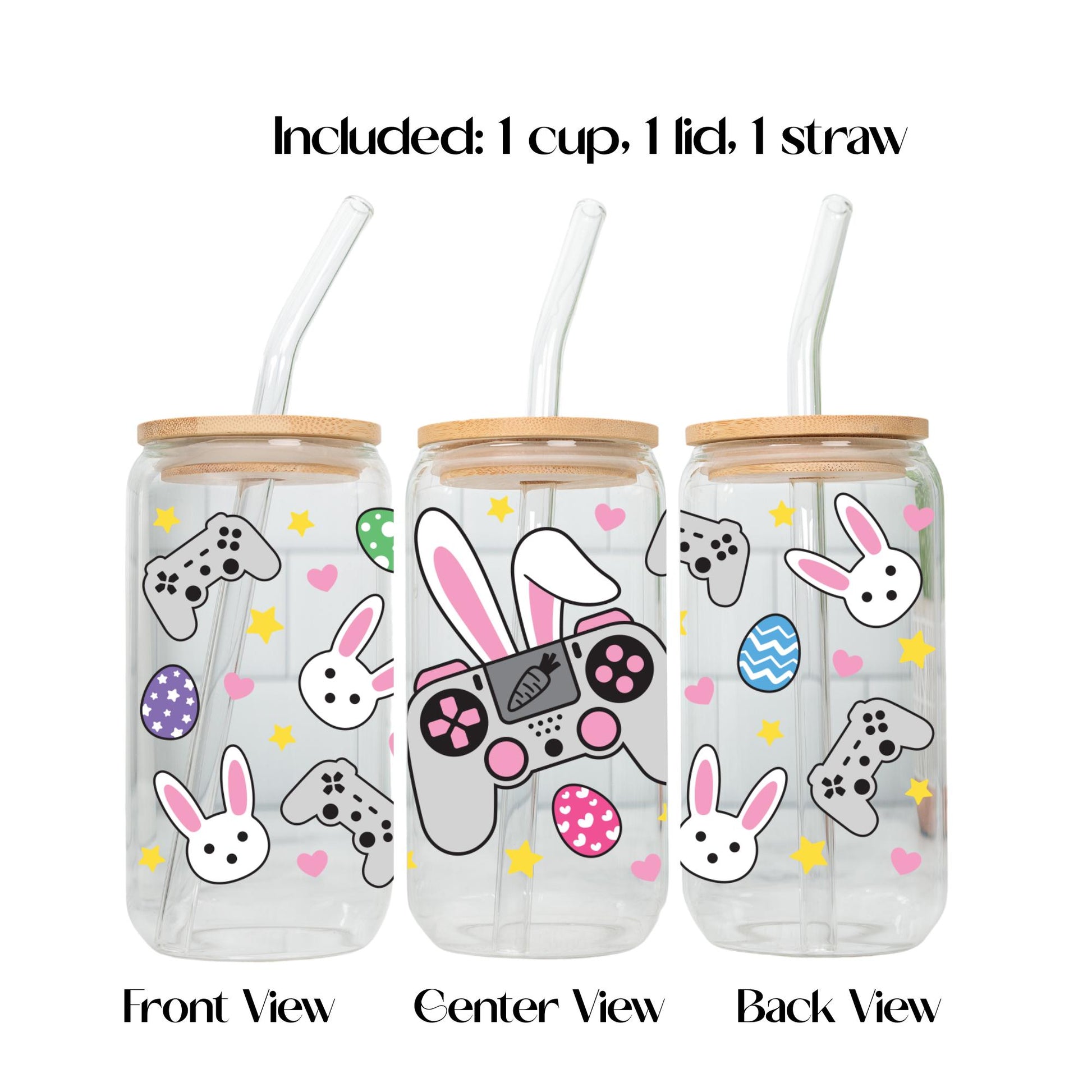 Aesthetic bunny gamer iced coffee glass with bamboo lid and reusable straw, cute gift for girls