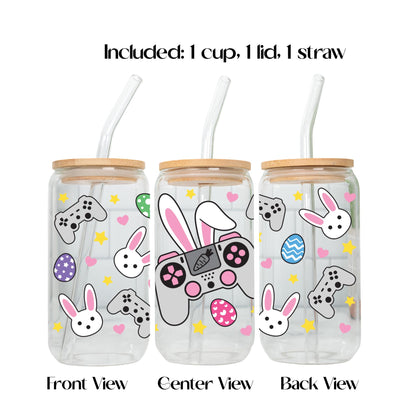 Aesthetic bunny gamer iced coffee glass with bamboo lid and reusable straw, cute gift for girls