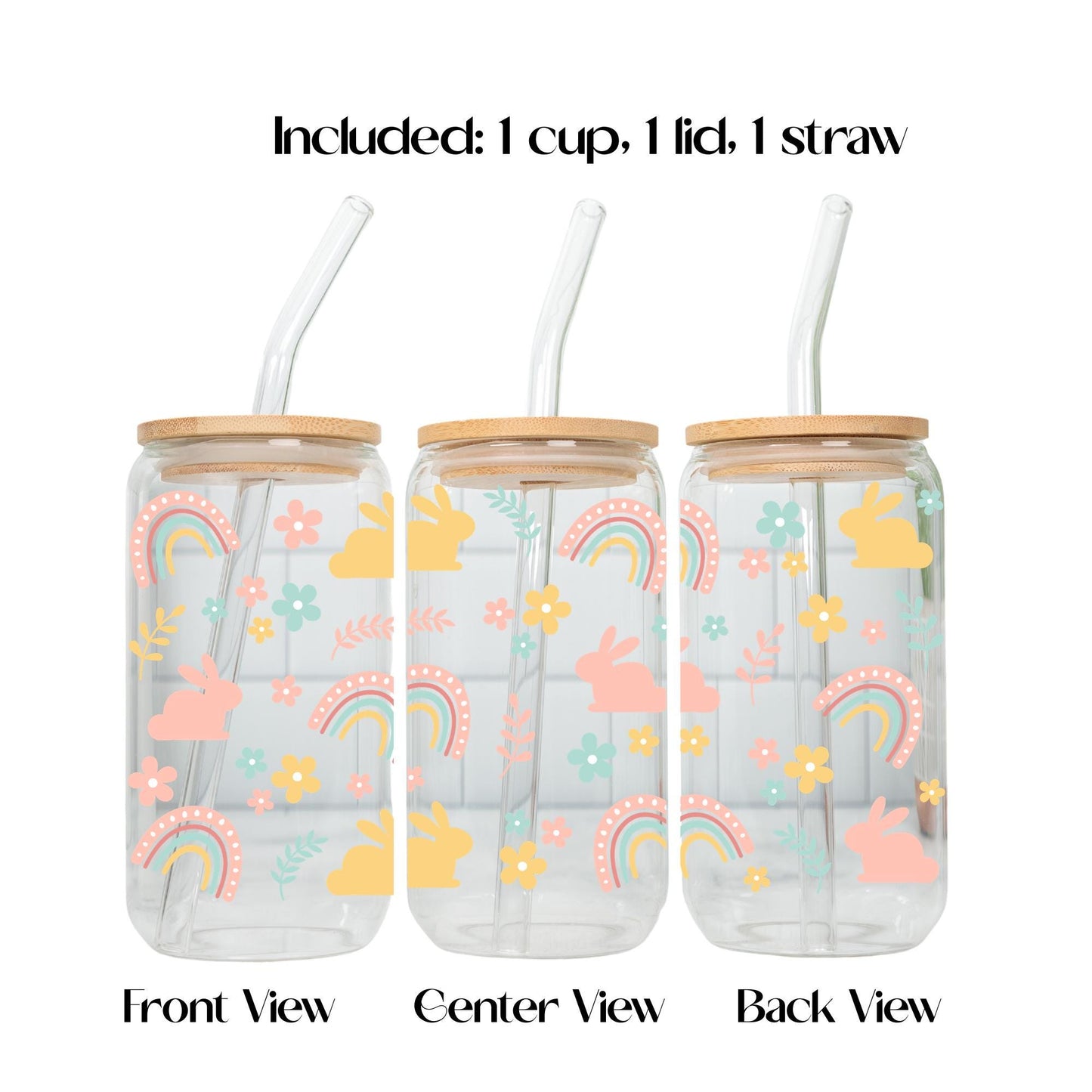 Cute Bunny Gamer Glass Cup, Easter Aesthetic Tumbler 20oz, Iced Coffee Glass with Bamboo Lid and Straw, Gamer Girl Gift, Pastel Drinkware