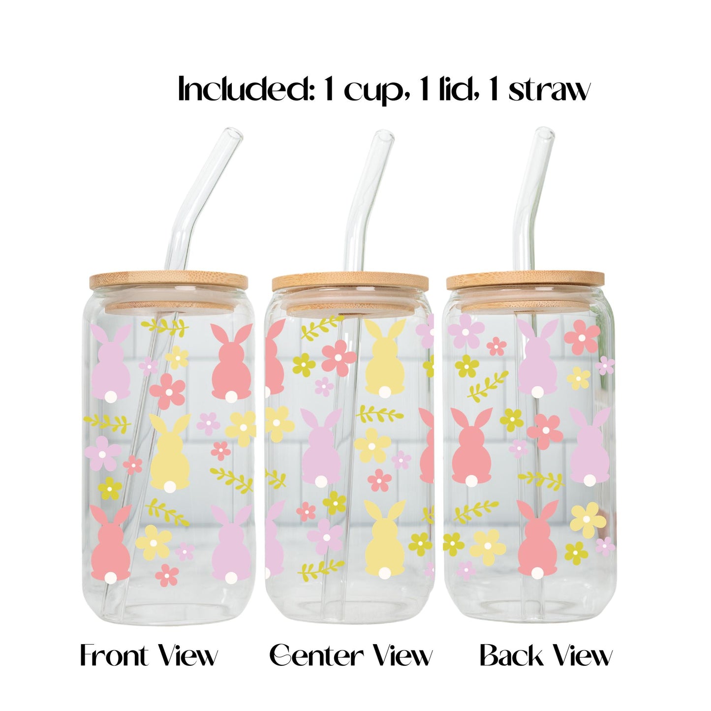 Cute Bunny Gamer Glass Cup, Easter Aesthetic Tumbler 20oz, Iced Coffee Glass with Bamboo Lid and Straw, Gamer Girl Gift, Pastel Drinkware