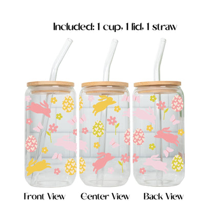 Cute Bunny Gamer Glass Cup, Easter Aesthetic Tumbler 20oz, Iced Coffee Glass with Bamboo Lid and Straw, Gamer Girl Gift, Pastel Drinkware
