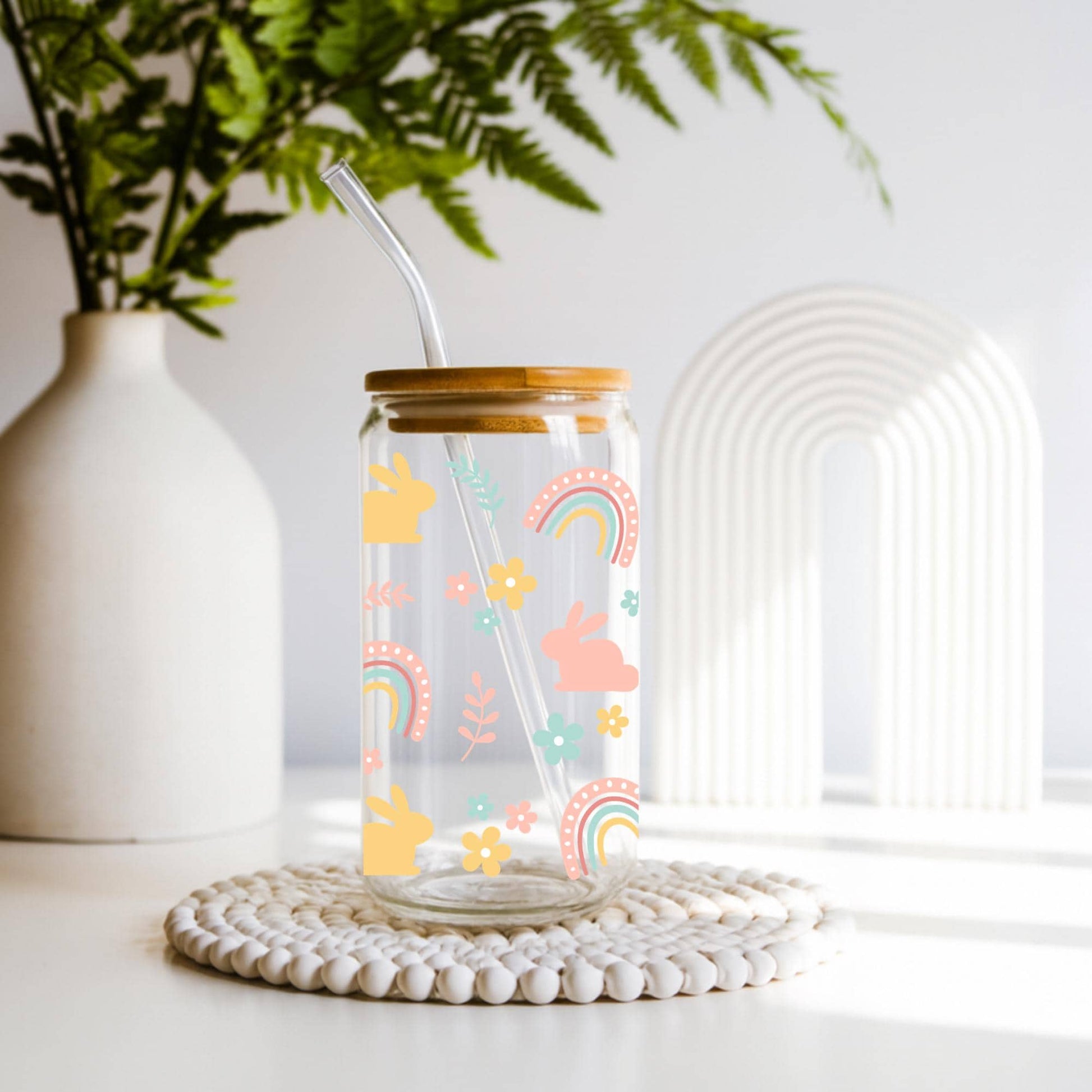 Cute Bunny Gamer Glass Cup, Easter Aesthetic Tumbler 20oz, Iced Coffee Glass with Bamboo Lid and Straw, Gamer Girl Gift, Pastel Drinkware