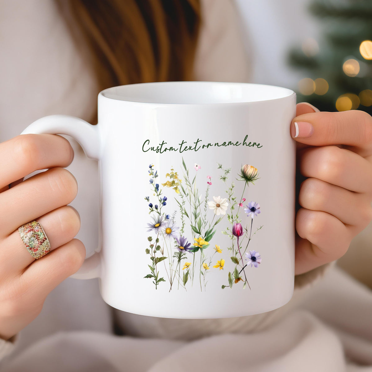 Personalized Floral Mug, Pink Handle Coffee Cup, Custom Name Gift