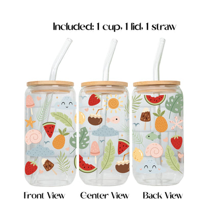 Groovy Summer Fruits Aesthetic Iced Coffee Cup 20oz, Cute Reusable Glass Tumbler with Lid and Straw