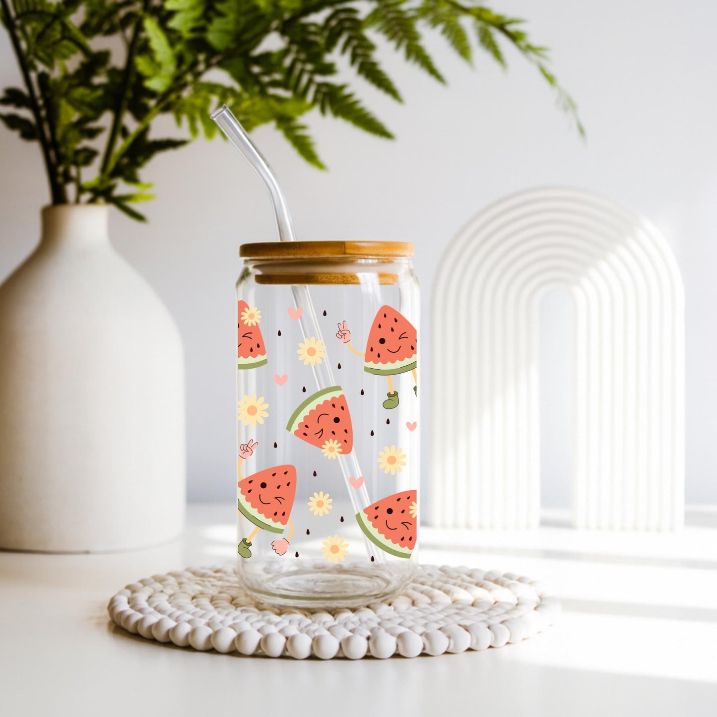 Groovy Summer Fruits Aesthetic Iced Coffee Cup 20oz, Cute Reusable Glass Tumbler with Lid and Straw