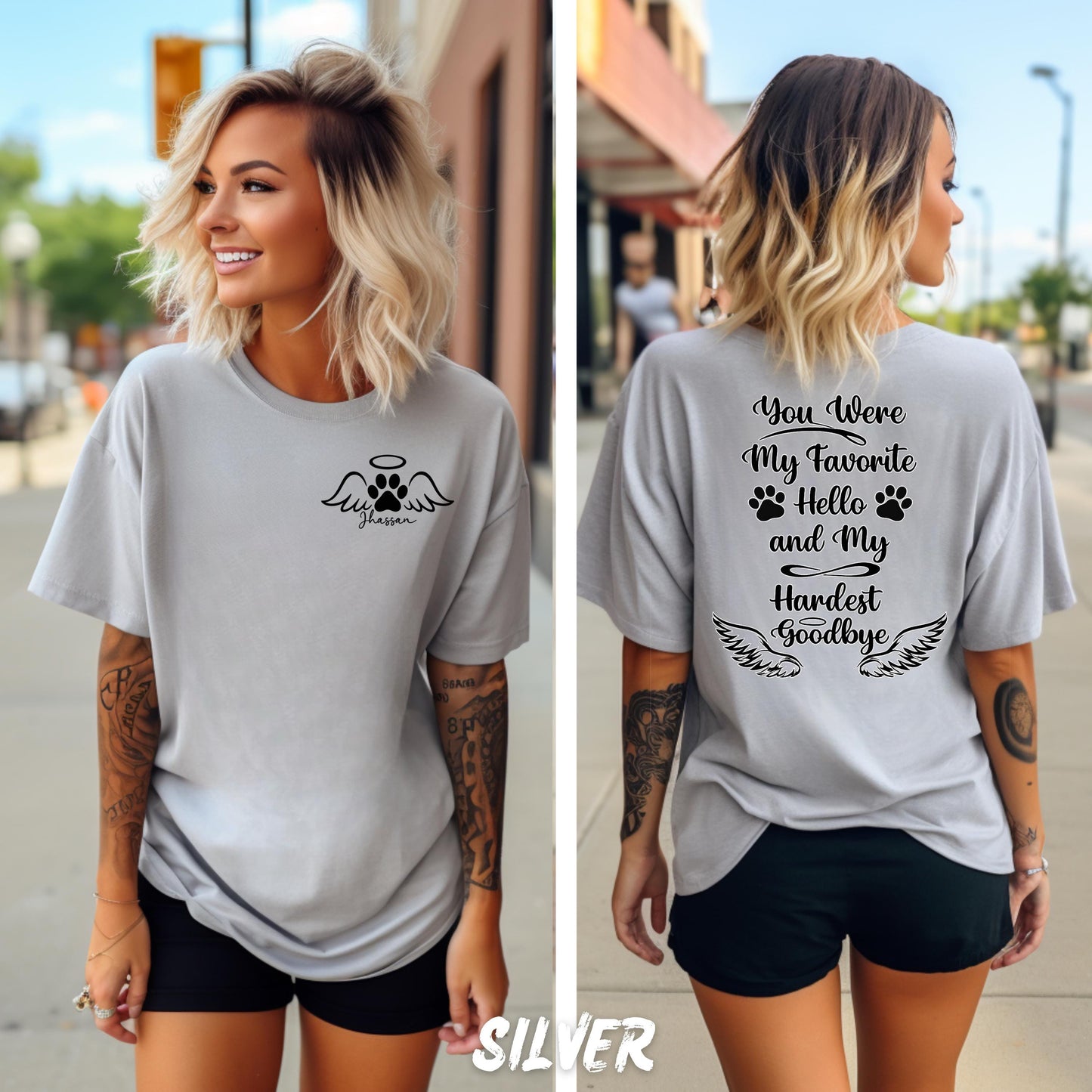 Custom pet name shirt with angel wings, halo, and paw print design on front chest