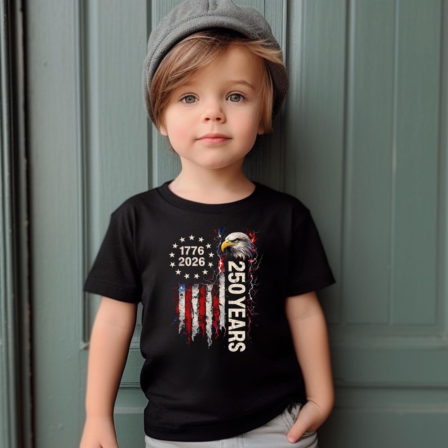 unisex shirts featuring patriotic bald eagle, ripped American flag, stars, and “1776 2026 250 Years” design for Fourth of July and America anniversary.
