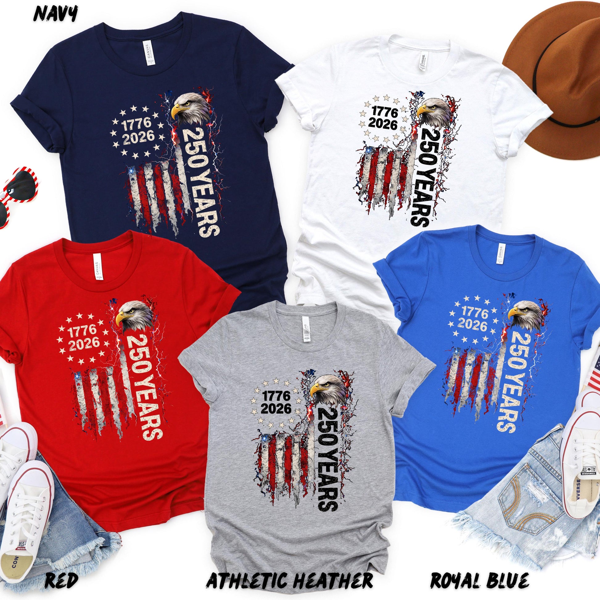 Fourth of July patriotic shirt featuring eagle head, ripped American flag, and “250 Years 1776-2026” graphic displayed on black and white t-shirts.