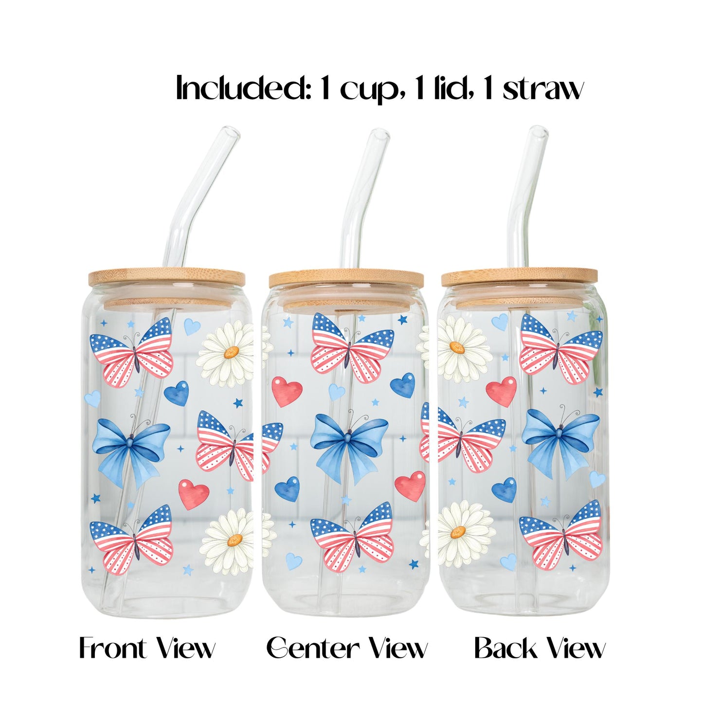 Coquette 4th of July Glass Cup 20oz with Lid and Straw, Patriotic Aesthetic Tumbler, Cute Bow Cherry Butterfly Cup, Iced Coffee Glass