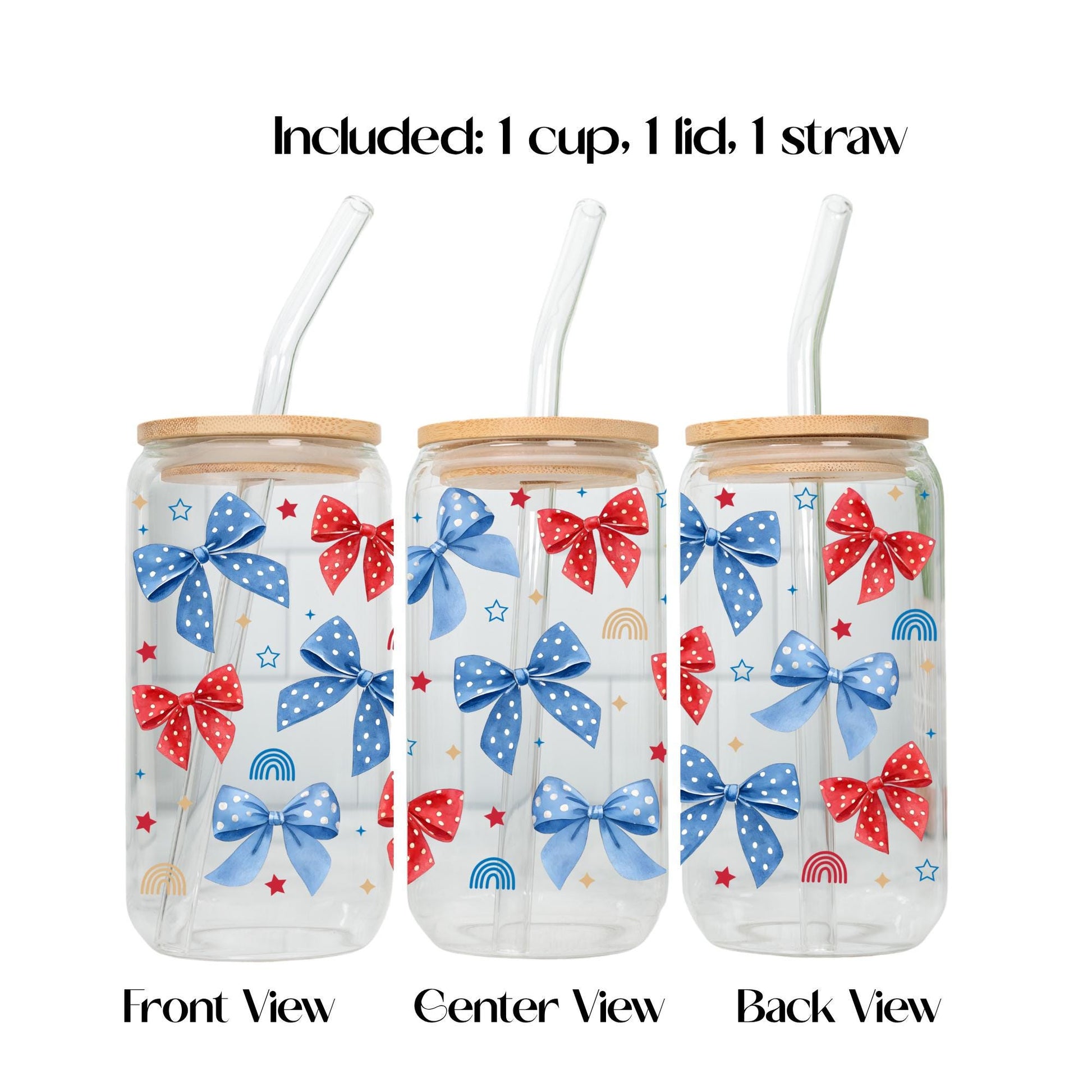 Coquette 4th of July Glass Cup 20oz with Lid and Straw, Patriotic Aesthetic Tumbler, Cute Bow Cherry Butterfly Cup, Iced Coffee Glass