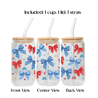 Coquette 4th of July Glass Cup 20oz with Lid and Straw, Patriotic Aesthetic Tumbler, Cute Bow Cherry Butterfly Cup, Iced Coffee Glass