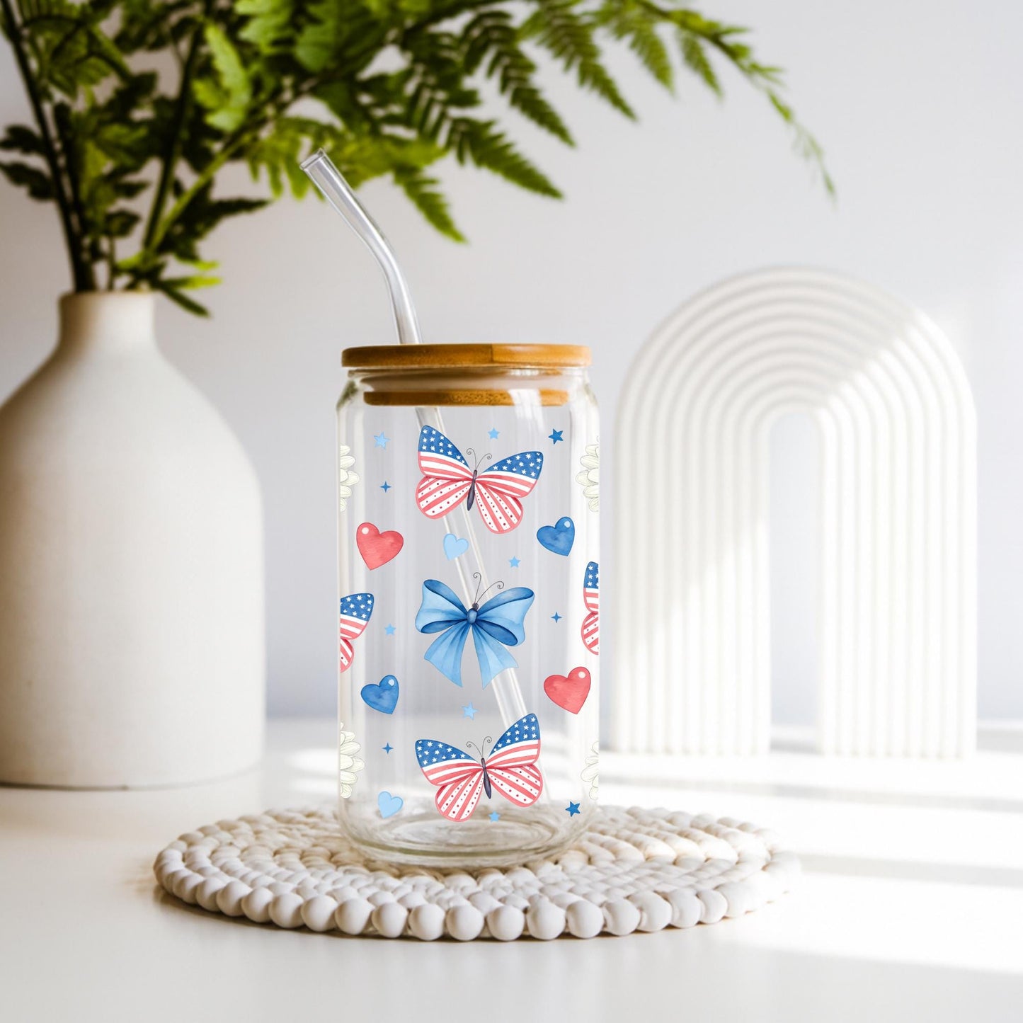 Coquette 4th of July Glass Cup 20oz with Lid and Straw, Patriotic Aesthetic Tumbler, Cute Bow Cherry Butterfly Cup, Iced Coffee Glass