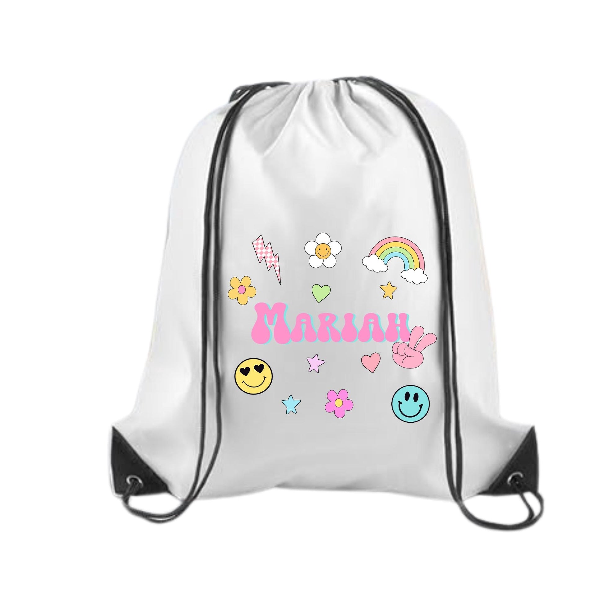Custom name drawstring backpack featuring colorful retro-style graphics including smiley faces, rainbow, flowers, hearts, stars, and lightning bolt. Personalized with the name “Samantha” in bold pastel bubble letters. Lightweight black gym bag made with durable material and vibrant DTF print, perfect for kids, travel, school, cruise gifts, or matching family outfits. Spacious size ideal for carrying snacks, toys, and daily essentials.