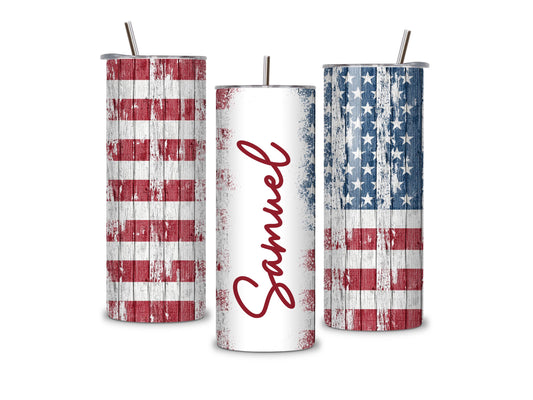 Personalized skinny tumbler with name, American flag stainless steel tumbler, custom patriotic 20 oz insulated cup with straw