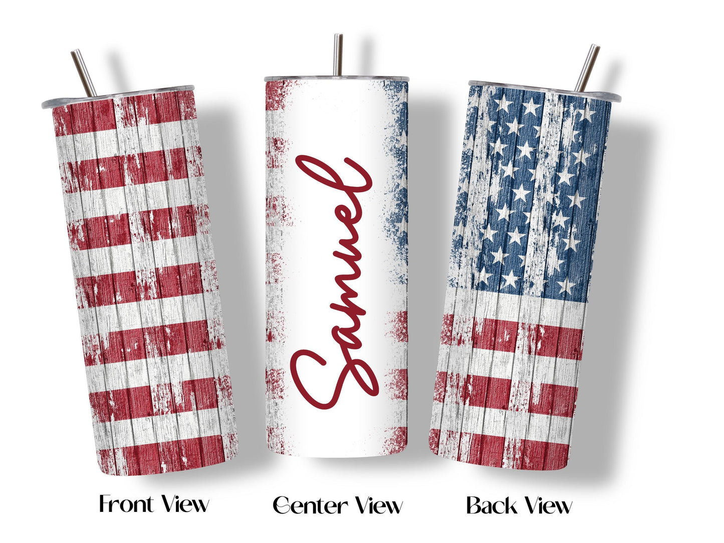 Custom name tumbler gift, personalized skinny cup with straw, patriotic American flag drinkware
