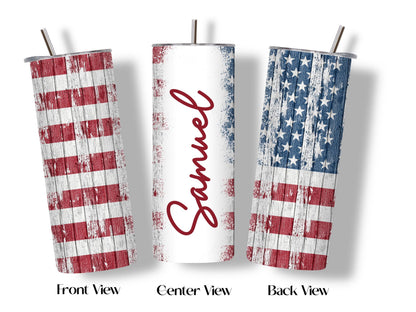 Custom name tumbler gift, personalized skinny cup with straw, patriotic American flag drinkware