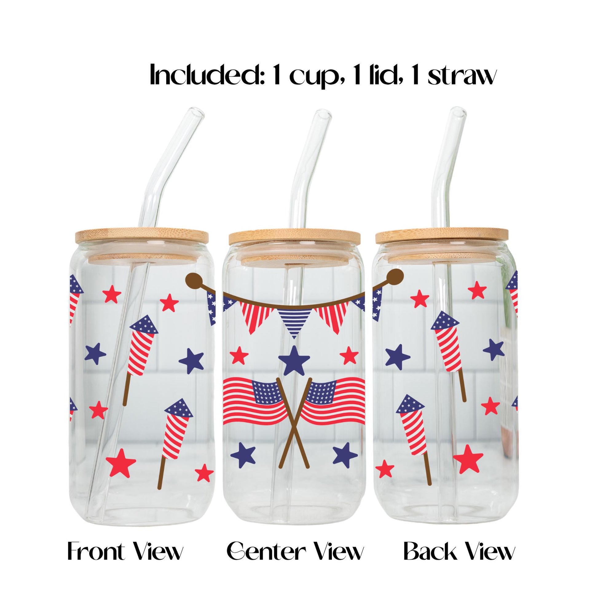 4th of July Glass Cup 20oz with Lid and Straw, Patriotic Iced Coffee Cup, Fireworks USA Tumbler, Cute Independence Day Drinkware