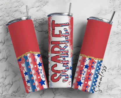 Personalized 4th of July Tumbler 20oz, Patriotic Name Tumbler, USA Flag Cup, Custom Skinny Tumbler, Memorial Day Gift, Independence Day Cup
