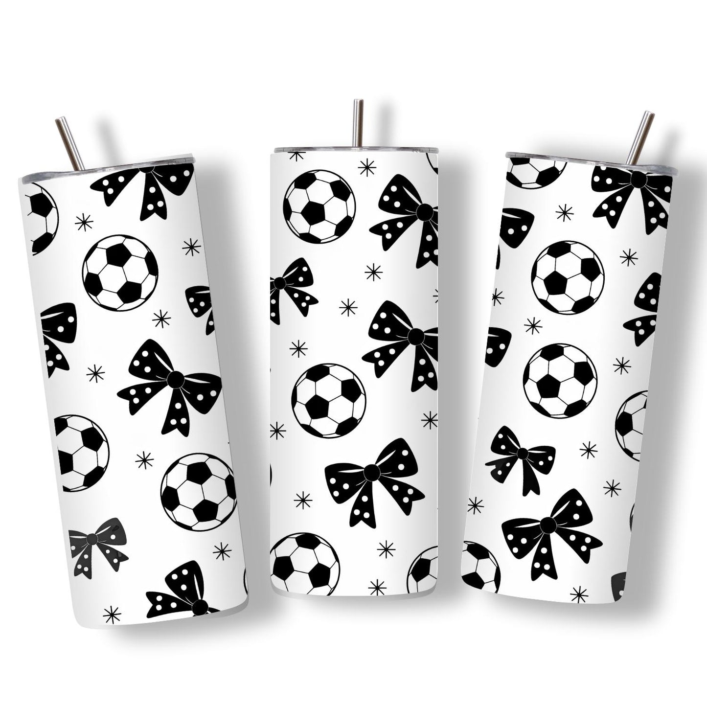 Black and white soccer bow tumbler 20oz front view