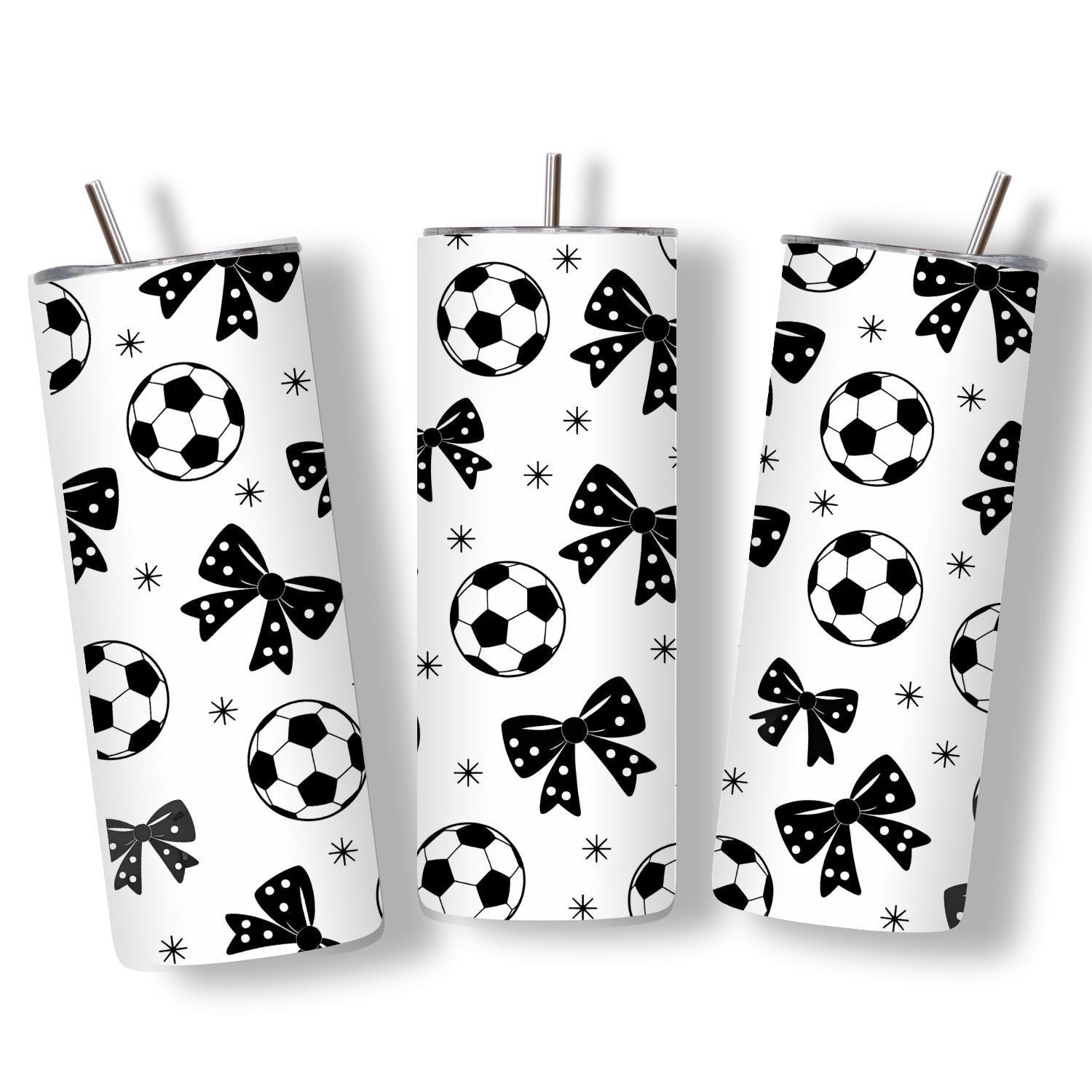 Black and white soccer bow tumbler 20oz front view