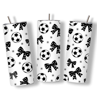Black and white soccer bow tumbler 20oz front view