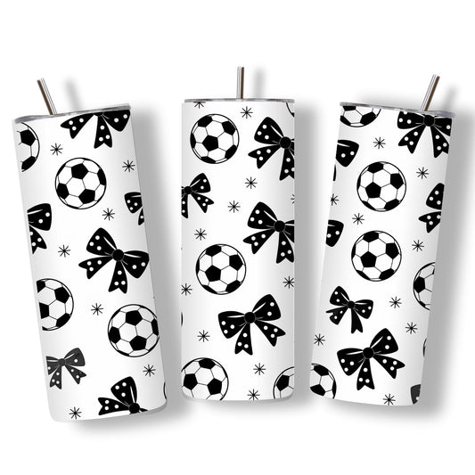 Black and white soccer bow tumbler 20oz front view
