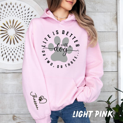 Personalized dog mom sweatshirt with paw print graphic and custom dog name sleeve detail