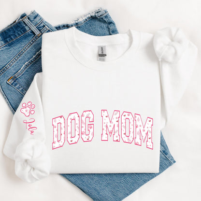 Custom dog mom sweatshirt with pet name on sleeve, personalized hoodie for dog lovers, Mother’s Day gift for pet mom, cute floral dog mom crewneck, gift for dog owner, paw print design, custom pet lover apparel