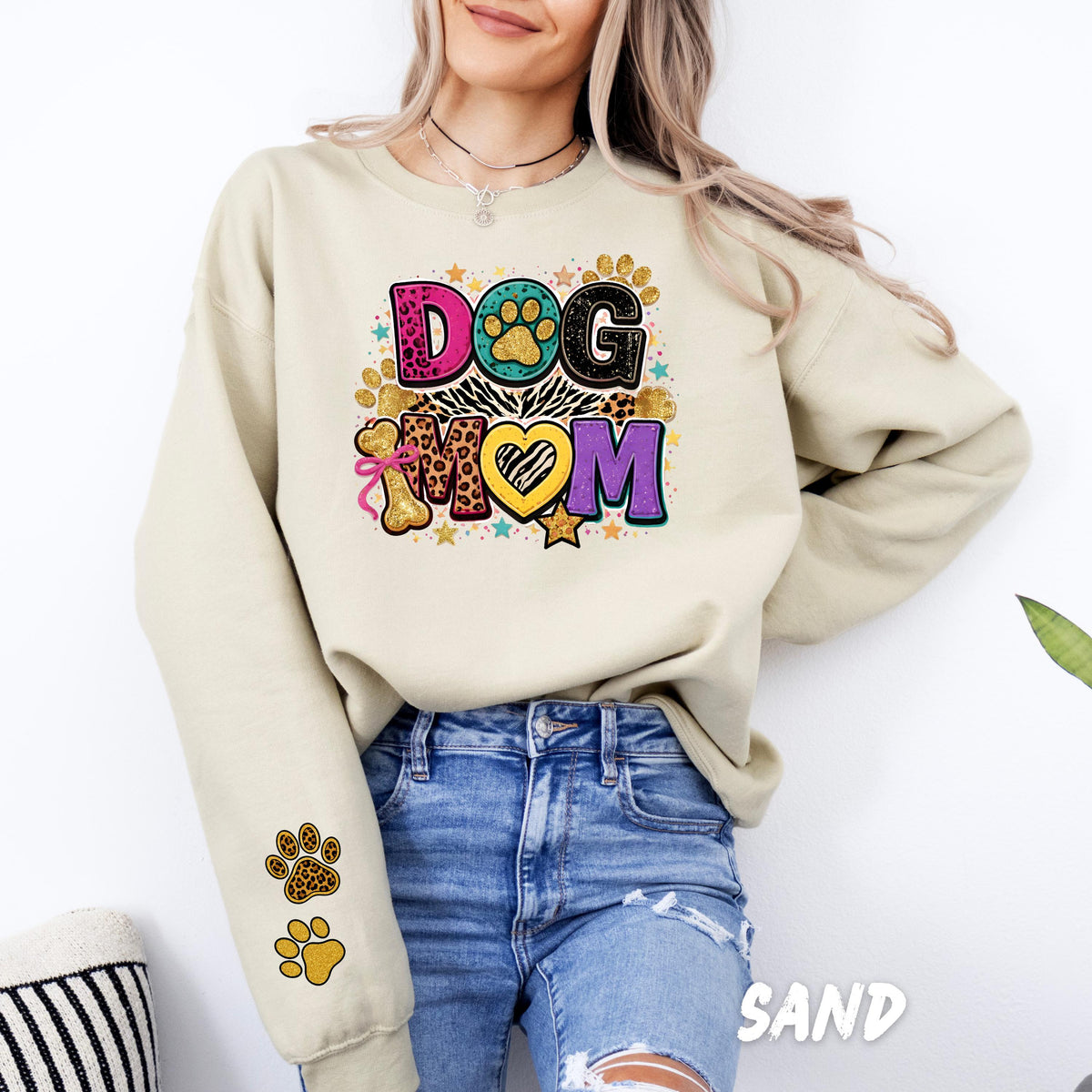 Dog Mom Sweatshirt, Leopard Print Paw Sleeve Crewneck, Pet Lover Gift