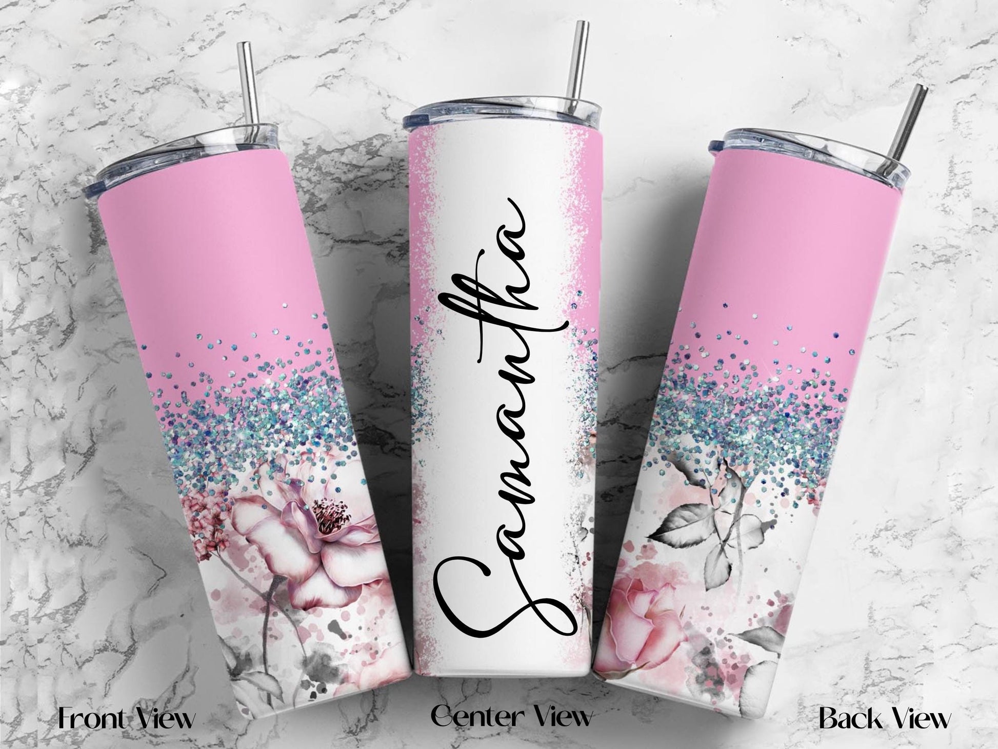 Personalized Floral Tumbler | 20oz Glitter Ombre Skinny Cup with Straw