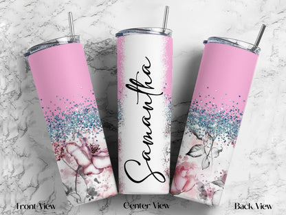 Personalized Floral Tumbler | 20oz Glitter Ombre Skinny Cup with Straw