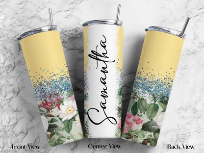Personalized Floral Tumbler | 20oz Glitter Ombre Skinny Cup with Straw
