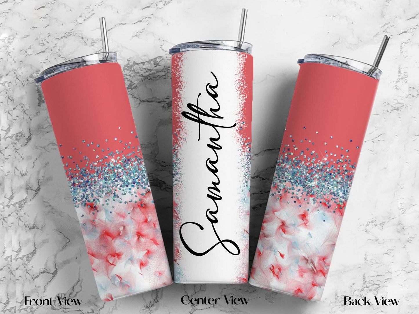 Personalized Floral Tumbler | 20oz Glitter Ombre Skinny Cup with Straw