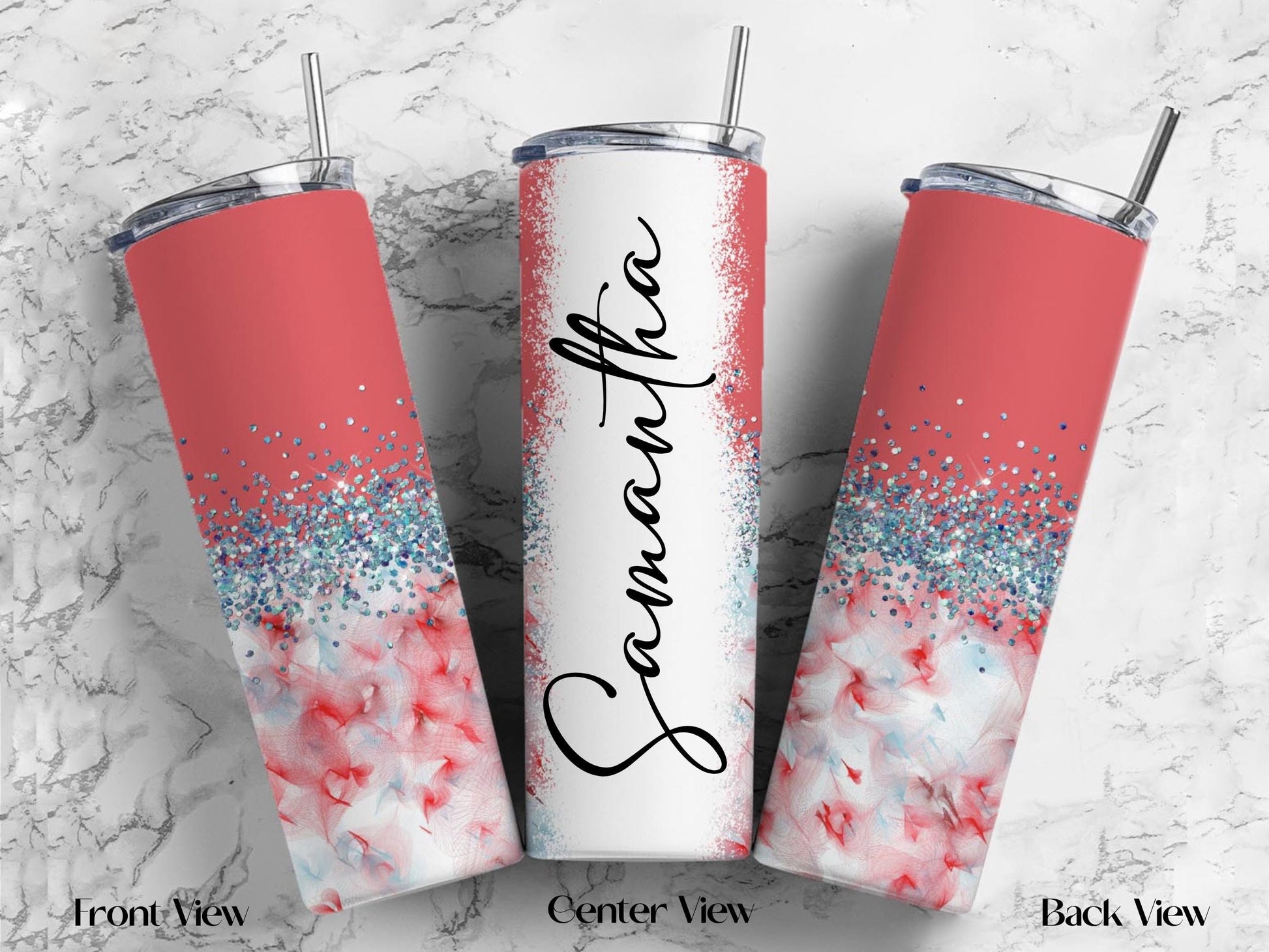 Personalized Floral Tumbler | 20oz Glitter Ombre Skinny Cup with Straw