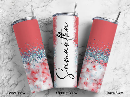Personalized Floral Tumbler | 20oz Glitter Ombre Skinny Cup with Straw
