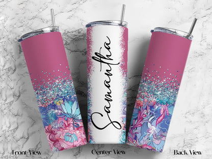 Personalized Floral Tumbler | 20oz Glitter Ombre Skinny Cup with Straw