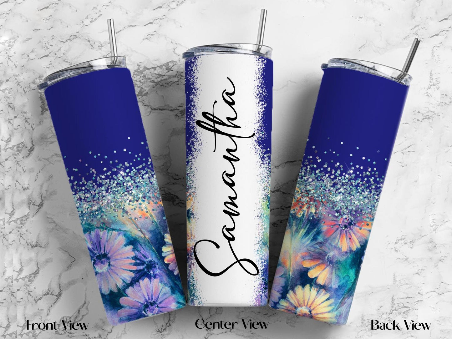 Personalized Floral Tumbler | 20oz Glitter Ombre Skinny Cup with Straw