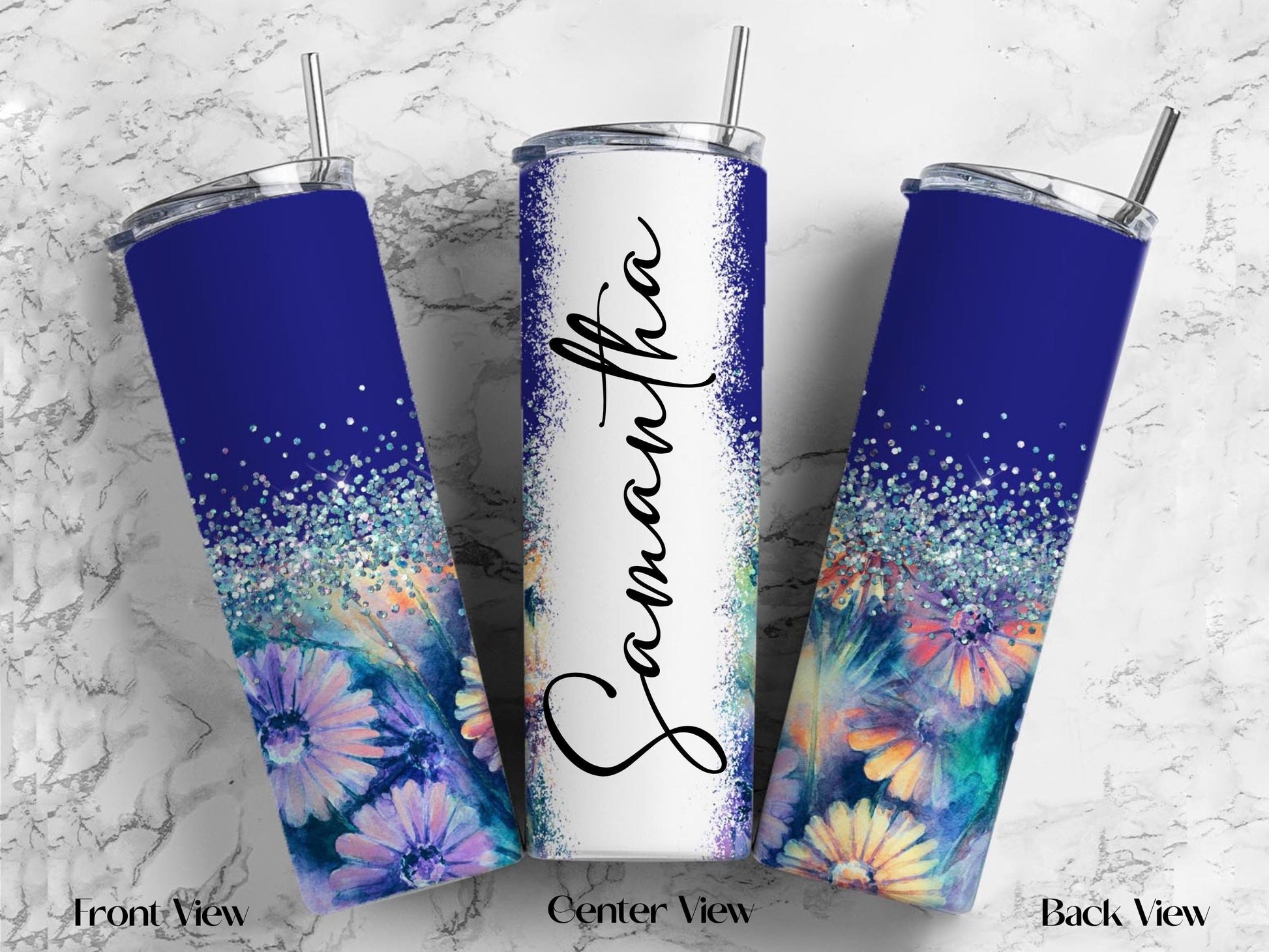 Personalized Floral Tumbler | 20oz Glitter Ombre Skinny Cup with Straw