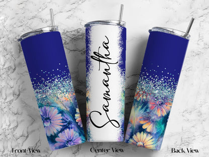 Personalized Floral Tumbler | 20oz Glitter Ombre Skinny Cup with Straw