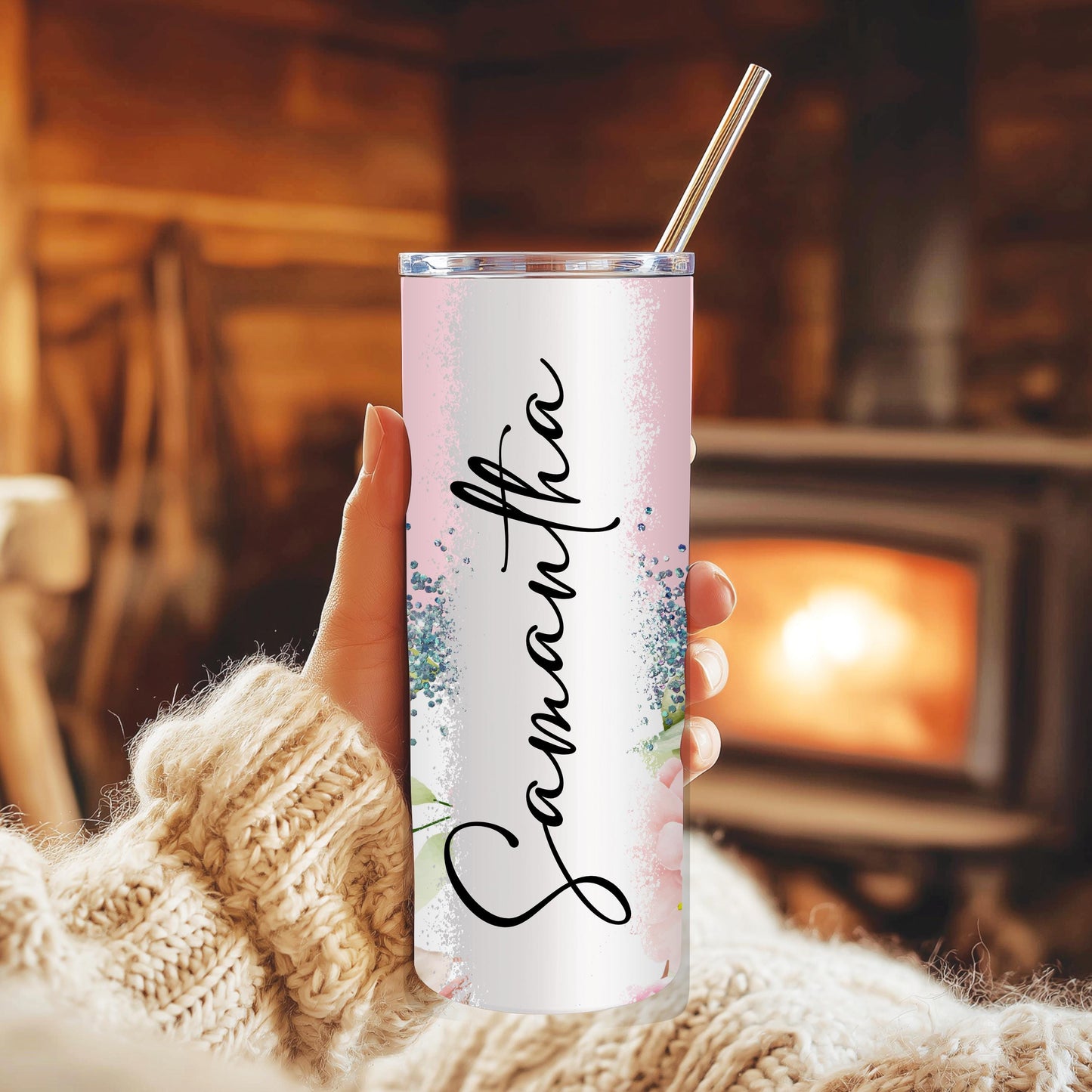 Personalized Floral Tumbler | 20oz Glitter Ombre Skinny Cup with Straw