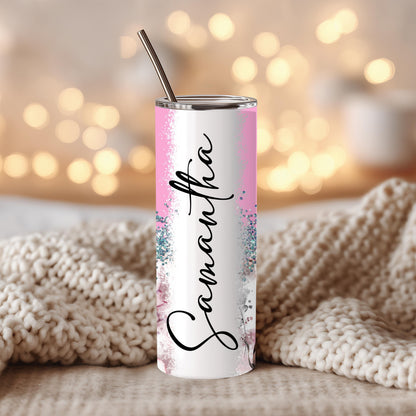 Personalized Floral Tumbler | 20oz Glitter Ombre Skinny Cup with Straw