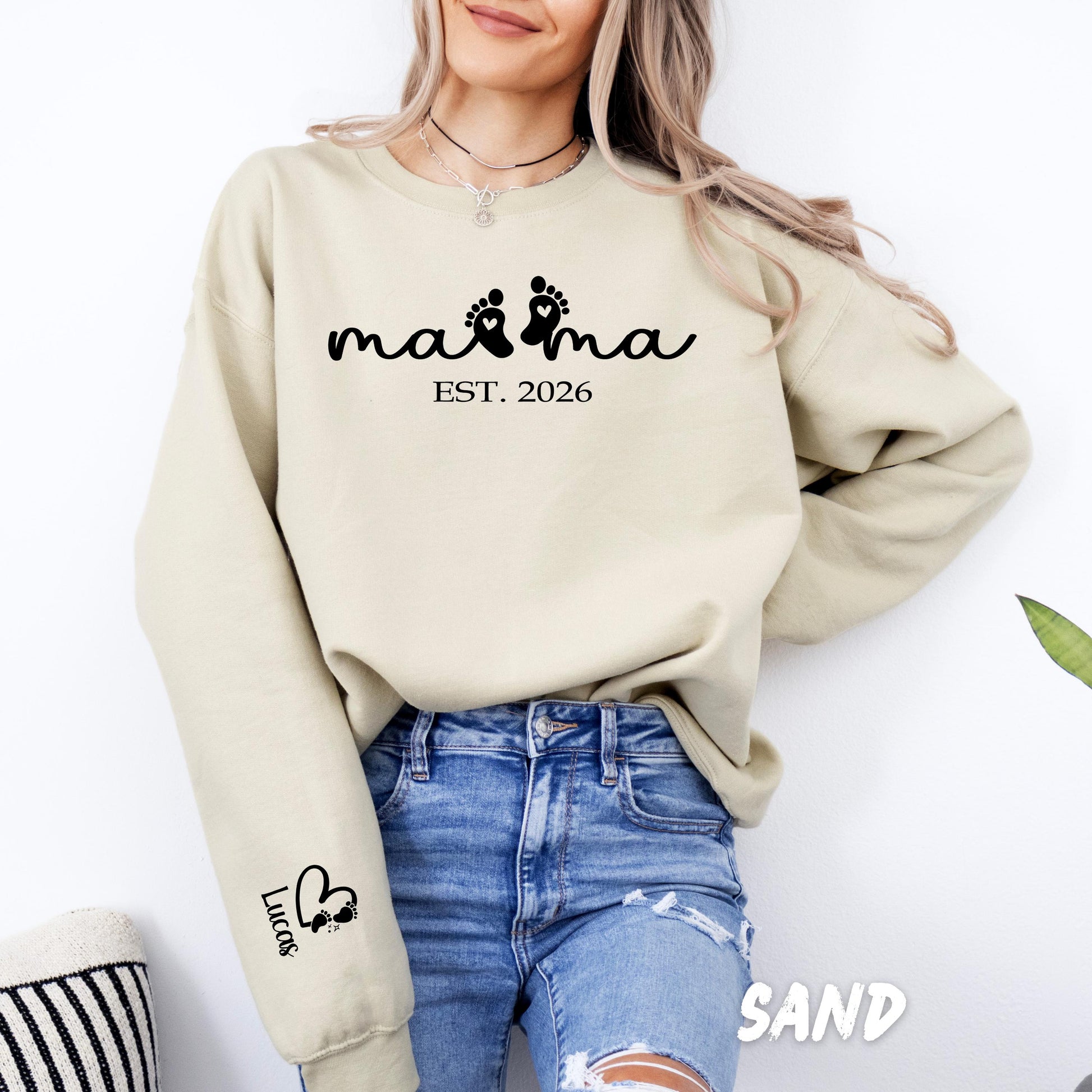 Custom Mama Sweatshirt with Baby Feet & Name on Sleeve, Est Year Personalized, New Mom Gift, Mother’s Day Gift, Pregnancy Announcement Tee