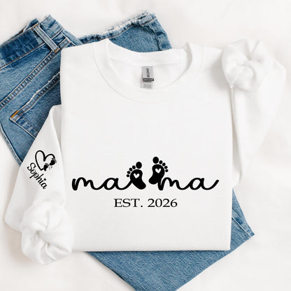Custom Mama Sweatshirt with Baby Feet & Name on Sleeve, Est Year Personalized, New Mom Gift, Mother’s Day Gift, Pregnancy Announcement Tee