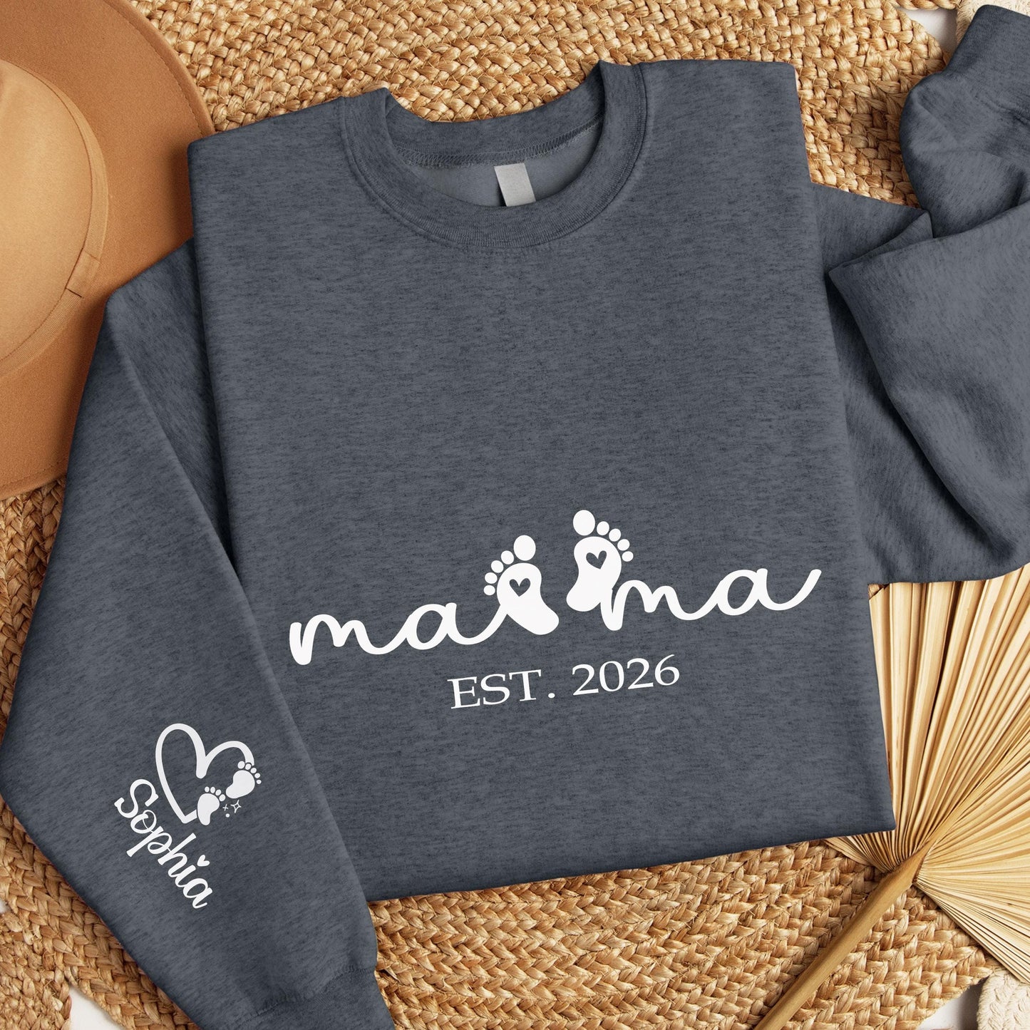 Custom Mama Sweatshirt with Baby Feet & Name on Sleeve, Est Year Personalized, New Mom Gift, Mother’s Day Gift, Pregnancy Announcement Tee