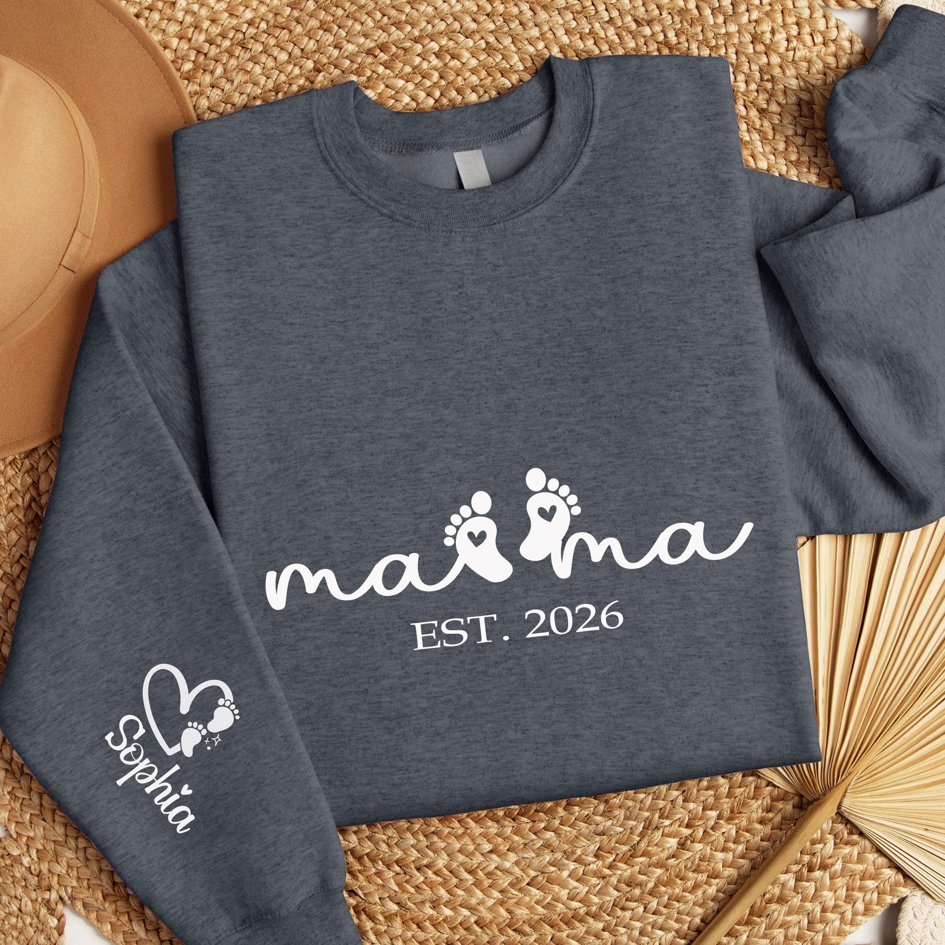 Custom Mama Sweatshirt with Baby Feet & Name on Sleeve, Est Year Personalized, New Mom Gift, Mother’s Day Gift, Pregnancy Announcement Tee