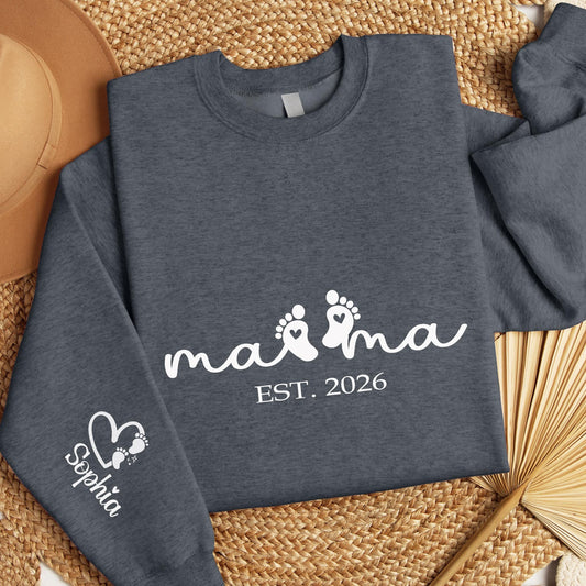Custom Mama Sweatshirt with Baby Feet & Name on Sleeve, Est Year Personalized, New Mom Gift, Mother’s Day Gift, Pregnancy Announcement Tee