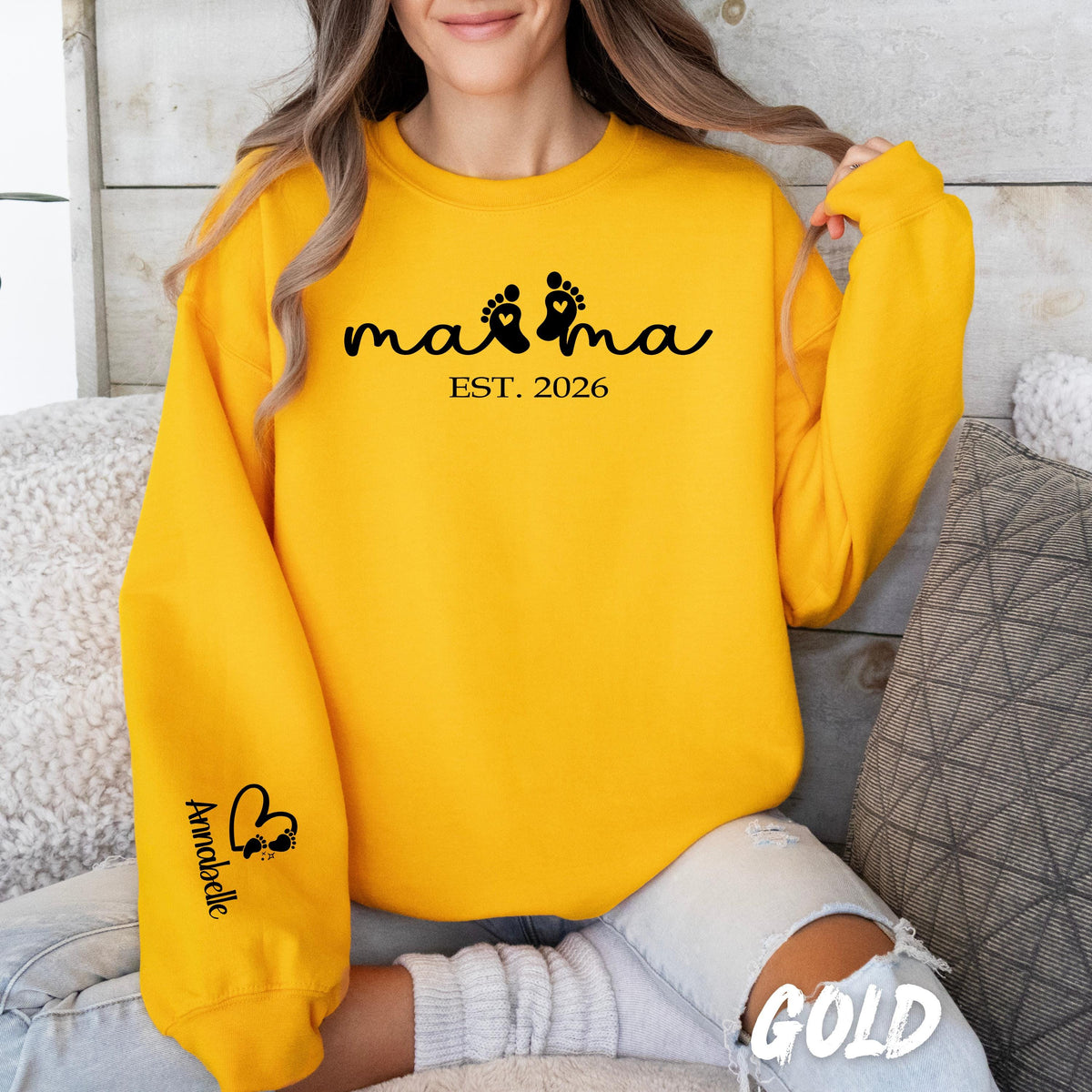 Custom Mama Sweatshirt with Baby Feet & Name on Sleeve, Est Year Personalized, New Mom Gift, Mother’s Day Gift, Pregnancy Announcement Tee