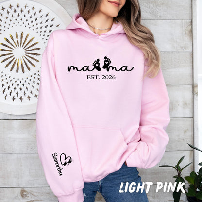 Custom Mama Sweatshirt with Baby Feet & Name on Sleeve, Est Year Personalized, New Mom Gift, Mother’s Day Gift, Pregnancy Announcement Tee
