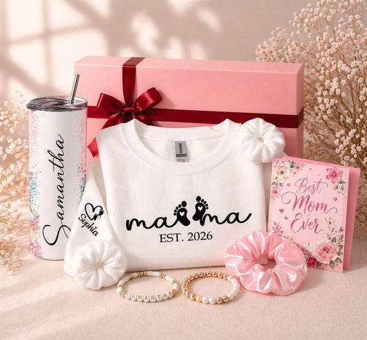 Personalized Mom Gift Box | Custom Mama Sweatshirt, Name Tumbler, Bracelet Set | Mother’s Day Gift for Mom | Custom Gift Set for Her